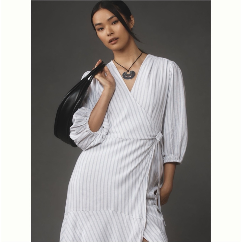 Anthropologie Maeve Tiered Linen Asymmetrical Wrap Dress NEW Large Grey Stripe - Picture 4 of 15
